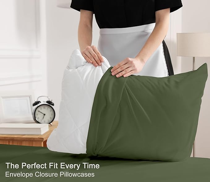 RUVANTI 100% Cotton Full Size Bed Sheets, 4 Pieces, Soft & Breathable Percale Weave Bedding, Deep Pocket 16", Hotel Standard, Crisp Cool Feel, Durable, Perfect Sheet Set Dyed, Chive