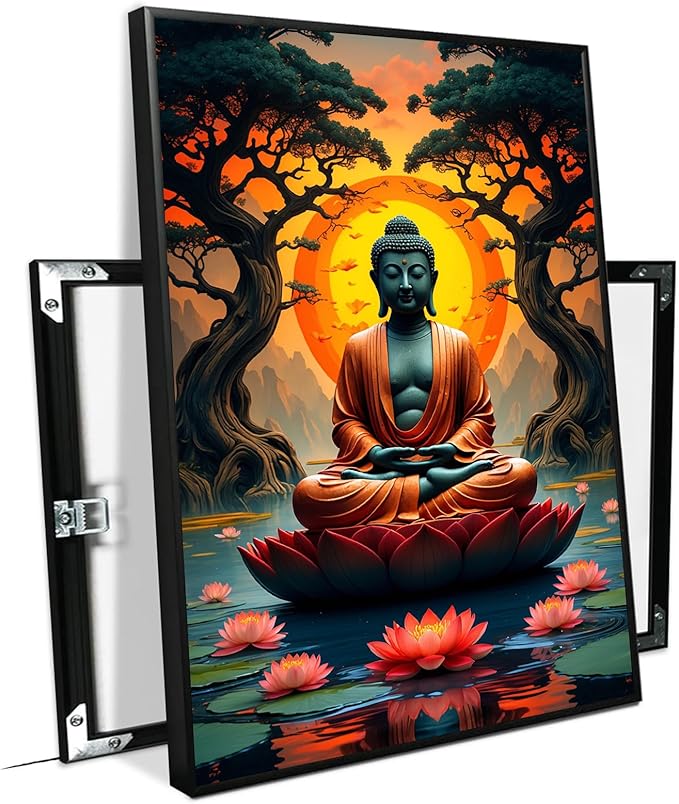 Canvas wall art Golden Buddha on lotus at sunset Ancient trees with reflections on water Serene meditation scene Uplifting wall art for mindfulness and tranquil home decor 24x36in Metal blackFramed