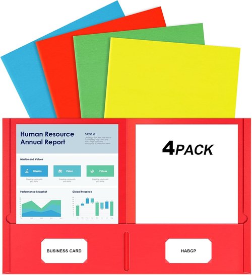 HABGP Two Pocket Folders - 4 Pack Assorted Colors | Fits Letter Size Paper with Business Card Slots