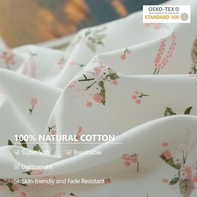 EAVD Vintage Style Pink Floral Duvet Cover Twin XL 100% Cotton Girls White Pink Botanical Bedding Set with 2 Pillowcases Chic Shabby Garden Botanical Floral Twin XL Duvet Cover with Zipper Closure