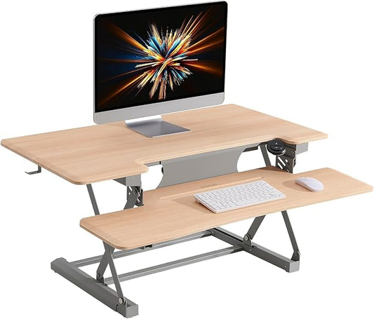 32" Electric Standing Desk Converter, Dyropcurv Series Height Adjustable Computer Desk Ergonomic Home Office Desk for Adults, Sit to Stand Desk with Quiet Motor, Light Wood