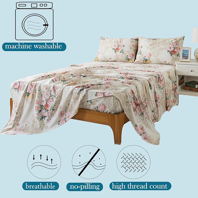 Zusbest- California Sheets, Soft 100% Cotton Pink & Cream Floral Bed Sheet Set Shabby Vintage Chic Peony Flower Printed, Breathable Luxury Toile Bedding 4 Piece Deep Pocket Sheets Cal King