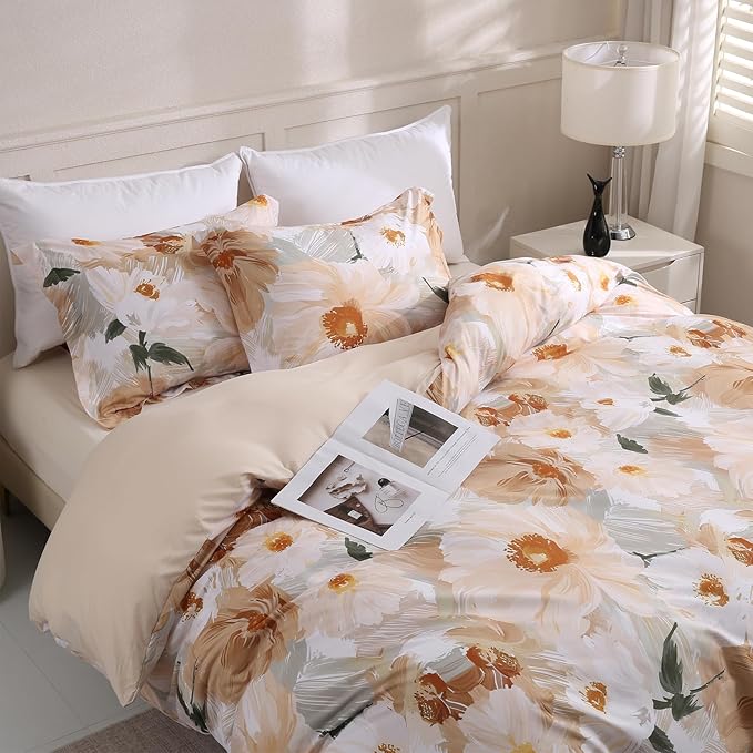LONAVA King Flower 3 Pcs Duvet Cover Set, Breathable Soft Microfiber Biege Lining Comforter Cover with Zipper Closure, and 2 Anti-Pilling, Fade Resistant Pillowcases, Golden Flower
