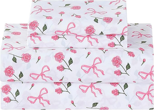 Softan Pink Floral Full Bed Sheets, Cozy Microfiber Flower Printed Sheets with 15" Deep Pocket Fitted Sheet & Non-Slip Straps, Patterned Pink Rose - Bow Sheets & Pillowcase Set