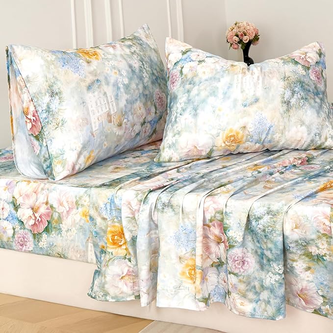 Zusbest Queen Sheet Set Luxury Floral Bed Sheets 100% Cotton, Satin Weave Soft Breathable for Hot Sleepers Romantic Peony Flowery Printed Cottagecore Bedding Deep Pocket Fitted Sheet 17.5‘', 4Pcs