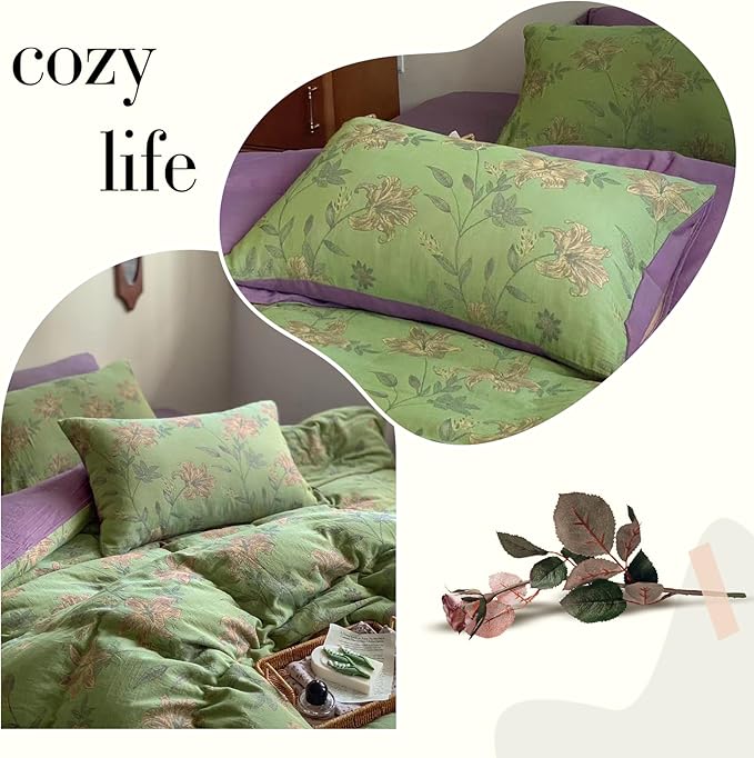 VM VOUGEMARKET Green Flower Duvet Cover Set Twin,3Pcs Yarn-Dyed Linen Cotton Jacquard Duvet Cover with 2 Pillowcases Garden Style Green Purple Bedding Set for Girls Women Without Comforter