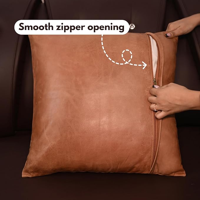 D DOLLY LAMB Lambskin Leather Pillow Cover - Sofa Cushion Case - Decorative Throw Covers for Living Room & Bedroom, 20x20 Inches - Antique Brown Plain