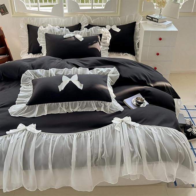 Girls Lace Bedding,Queen Comforter Cover Set, Chic Ruffled Duvet Cover with Lovely Bow,Princess Style 1 Duvet Cover with 1 Pillowcases, No Comforter-Black,Twin Size