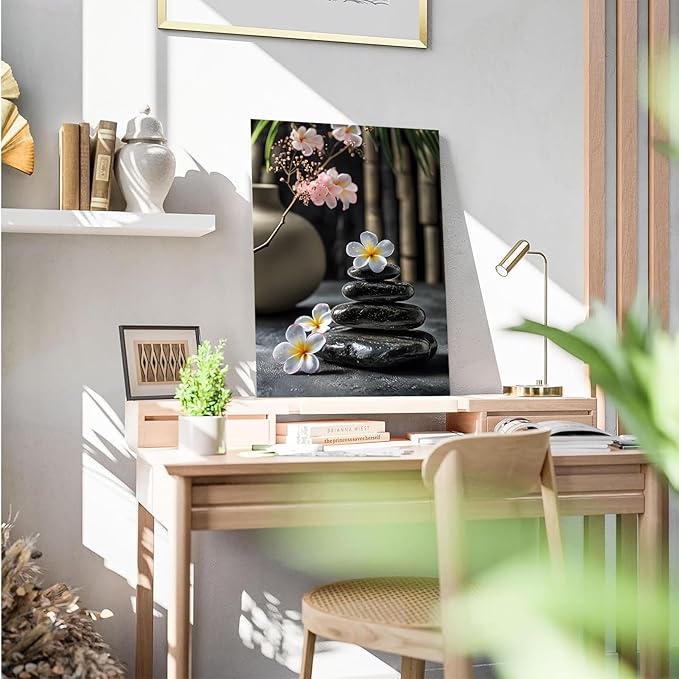 A harmonious black stone stack paired with white and pink flowers bamboo and ceramic vases creates a tranquil Zen decor for minimalist homes and mindful spaces 20x30in Frameless