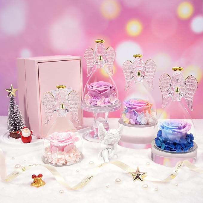 Sunia Preserved Flower Rose Gift for Women - Mother's Day Birthday Gifts for Mom Wife Grandma, Glass Angel Figurines Forever Real Roses Gifts for Her Valentine Day Thanksgiving﻿ (Sparkling Pink)