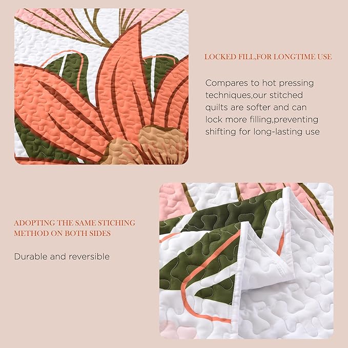 Andency Floral Boho Queen Quilt Bedding Set Pink, 3 Pieces Farmhouse Flower Botanical Summer Bedspreads with 2 Shams, Soft Reversible Lightweight Microfiber Coverlet Set for All Season, 90"x96"