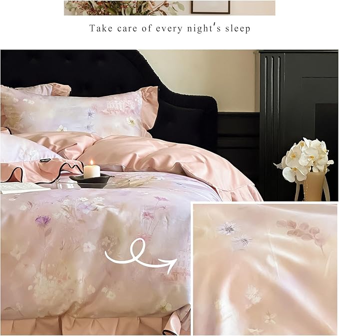 HighBuy Girl Floral Ruffled Duvet Cover Queen,Boho Floral Lace Brushed Cotton Bedding Coquette,Shabby Vintage Duvet Cover Set French Farmhouse Bedding Cooling Breathable for Hot Sleepers
