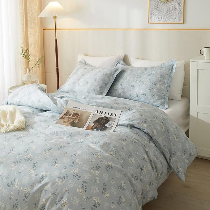 EAVD Boho Floral Duvet Cover King Soft Cotton Floral Blue Duvet Cover with 2 Pillowcases Chic Shabby Garden Flower Bedding Set Reversible Garden Floral Comforter Cover with Zipper Closure
