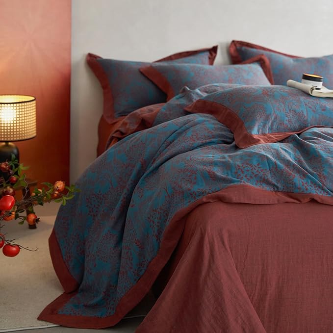 mixinni Muslin Cotton Vintage Blue Floral Duvet Cover Queen Size 3pcs Yarn Dyed Burgundy Jacquard Weave Bedding Comforter Cover Soft Breathable Bedding Sets for All Season-Queen Size