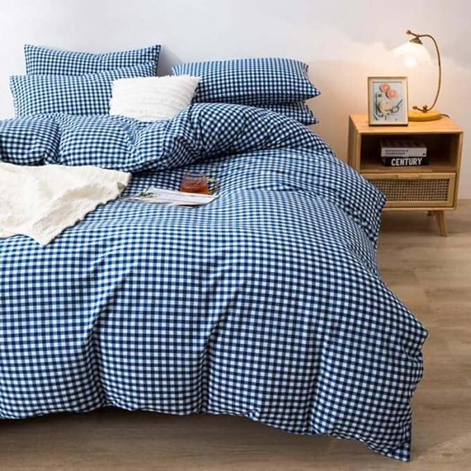 LifeTB Royal Blue Gingham Comforter Set King Modern Style Blue Plaid Checkered Comforter Set Soft Fluffy Grid Bed Comforter 3 Pieces Farmhouse Bedding Set Plaid Gingham Bedding Comforter King