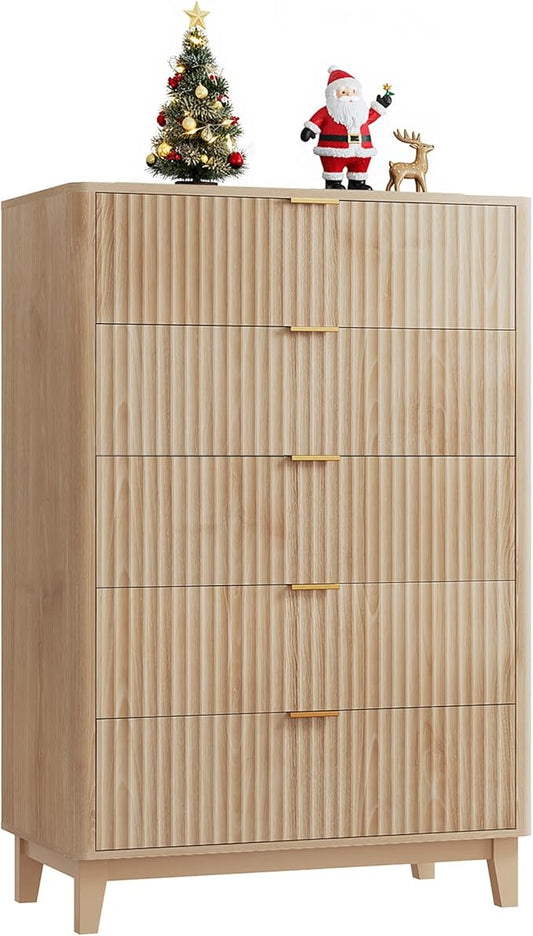 WLIVE Fluted Dresser for Bedroom with 5 Drawers, 46.26" Tall Wooden Dresser with Golden Metal Handles, Mid Century Modern Chest of Drawers for Living Room, Hallway, Closet, Natural Oak