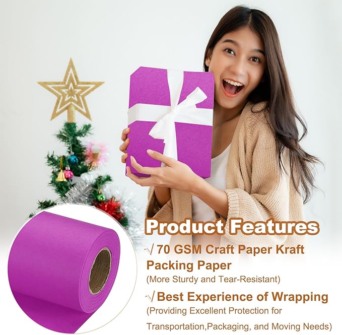 PATIKIL Wrapping Paper, 20" x 450"(37') 70 GSM Craft Paper Roll Kraft Packing Paper for Poster Bulletin Board, Gift Wrapping, Purple