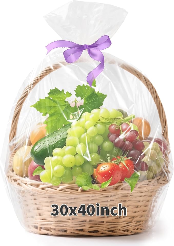 STPIYFZU 10PCS Large Cellophane Bags 30x40 Inch Christmas Clear Cellophane Wrap for Gift Baskets, 2.5 Mil Thick Clear Plastic Gift Bags for Christmas Birthday Baby Shower Wedding Raffles Party Favors