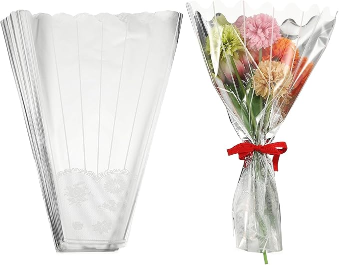 YELARXI Clear Flower Wrapping Bags, Transparent Flower Packaging Bag Waterproof Bouquet Sleeves with Lace - Fitting for (Florists/Floral Arrangements Supplies), 15.7x3.9x19.7 Inch & 100Pcs