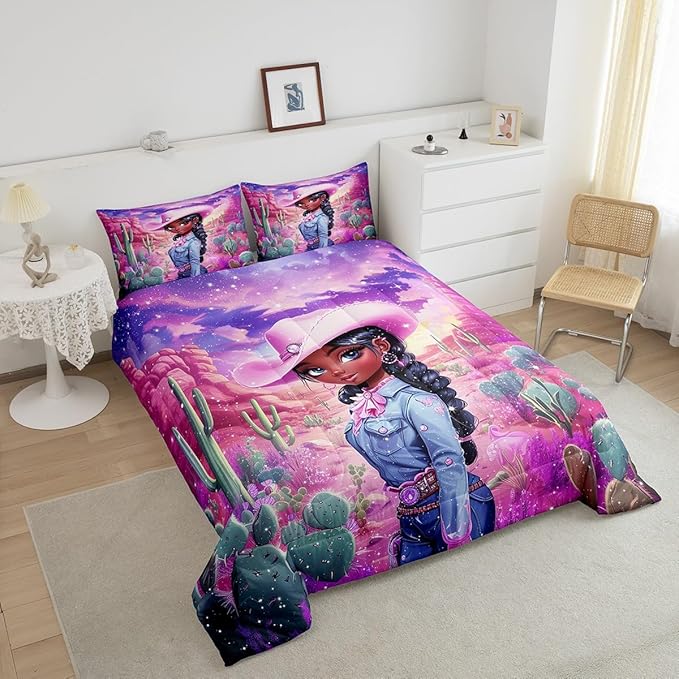 Western Cowgirl Comforter Set Twin Size,Reversible African Style Cute Girl Print Black Bedding Set for Kids Boys Men,Dreamy Stars Purple Galaxy Sparkling Quilted Duvet Set with 1 Pillowcase
