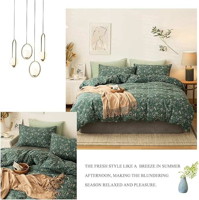 EAVD Vintage Style Garden Green Floral Duvet Cover King Soft Jersey Knit Cotton Aesthetic Floral Bedding Set Chic Botanical Green Duvet Cover with Zipper