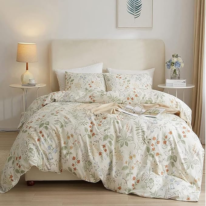 HighBuy Beige Comforter Twin XL Size with Green Floral 3 Piece Cute Soft Bedding Comforter Set Lightweight All Season Aesthetic Boho Comforter for Women Girls,Ultra Soft Kids Bedding Set