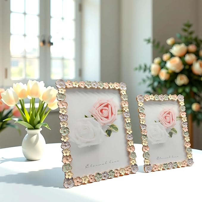 Vintage 4X6 Floral Metal Picture Frame with Enamel Finis Glass Front - Ornate Antique Colorful Flowers Photo FrameTabletop/Wall Display Gifts for Women Wedding Decorate