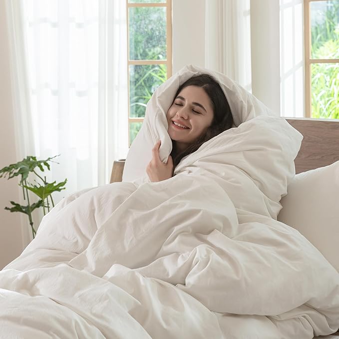MooMee Bedding Duvet Cover Set 100% Washed Cotton Linen Like Textured Breathable Durable Soft Comfy (Solid Off White, King 104"x90")