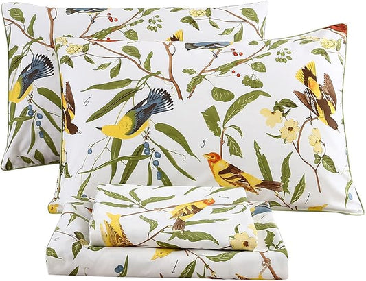 RYNGHIPY Farmhouse Flowers Print Bed Sheet Collection Set Botanical Floral Sheets with Pillowcasess (White Green,Queen Size)