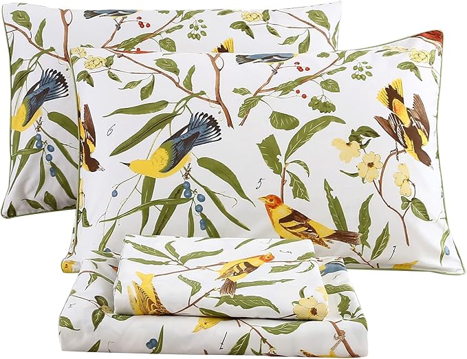 RYNGHIPY Farmhouse Flowers Print Bed Sheet Collection Set Botanical Floral Sheets with Pillowcases (White Green,Full Size)