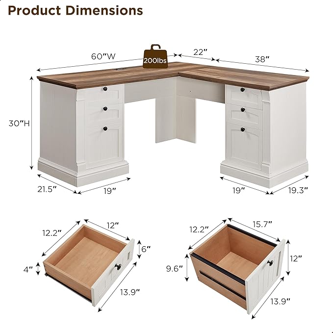 OKD 60" L Shaped Executive Desk with Drawers, Farmhouse Home Office Desk with Charging Station, File Cabinet Storage, Wood Corner Computer Desk for Work and Study, Antique White
