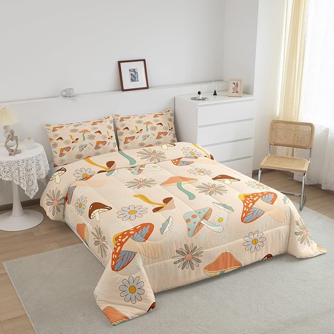 Castle Fairy 60s 70s Retro Mushroom Queen Size Comforter Set,Groovy Flowers Floral Bedding Set with 2 Pillowcases,Boho Art Breathable Polyester Bedding Comforters