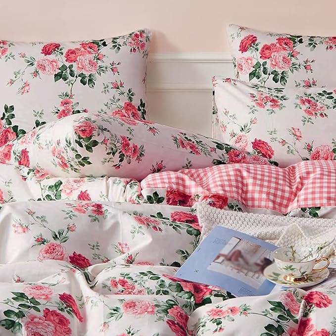 Vintage Pink Floral Duvet Cover Queen 3 Pieces Girls Cottagecore Duvet Cover Soft Microfiber Chic Rose Flower Comforter Cover Pink Plaid Grid Botanical Bedding Floral Aesthetic Comforter Cover Queen