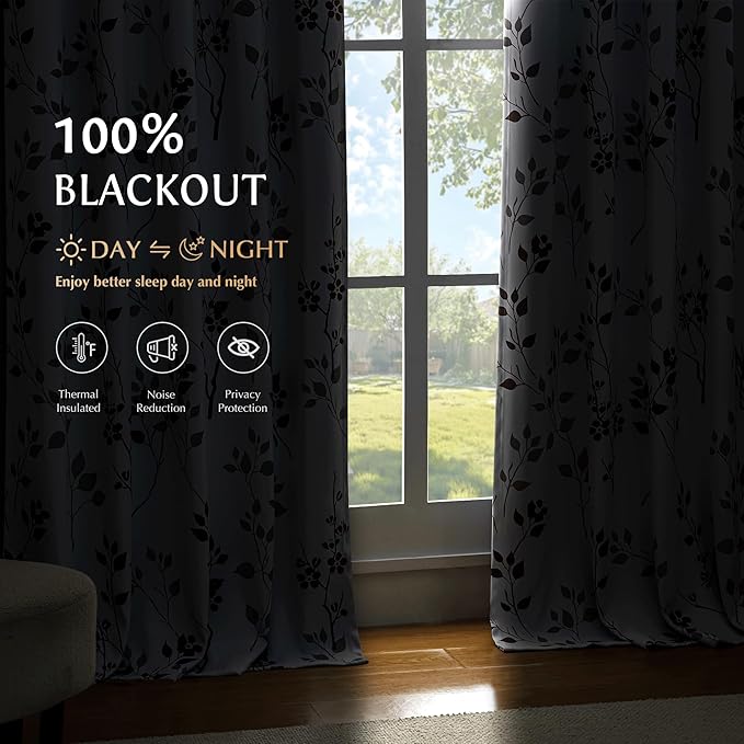 Beauoop Floral 100% Blackout Curtains 54 Inch Length 2 Panels for Bedroom Living Room Tan Brown and White Flower Patterned Room Darkening Thermal Soundproof Grommet Window Treatments Drapes, 52X54