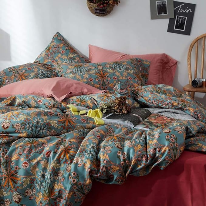 VM VOUGEMARKET Gold Green Flower Duvet Cover Full,Medallion Print Bedding Set Percale Cotton Vibrant Bohemian Pattern Quit Cover with Zipper Closure