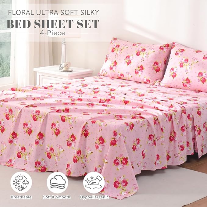 Bedlifes Queen Sheet Set Ultra Soft, Breathable, Silky Flower Deep Pocket 100% Microfiber Bedding, 4 Piece Queen Size Pink Floral(Red Rose)
