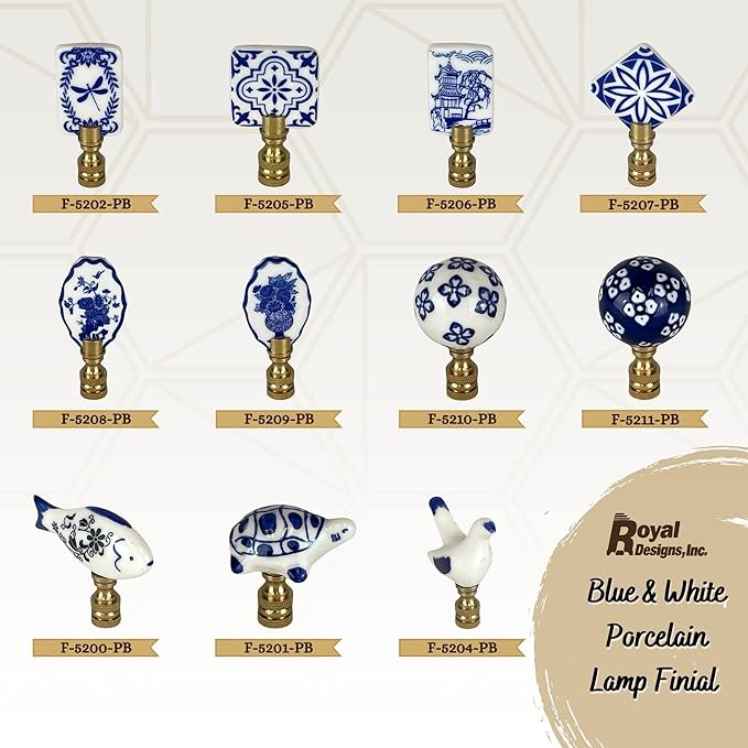 Royal Designs, Inc. Porcelain Dragonfly Finial for Lamp Shade, Polished Brass, Blue & White, Pack of 2