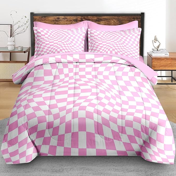 Comforter Set Full Size, Pink White Geometric Checkerboard 7 Pcs Bedding for Kids and Adults, Chess Checkered Bedding Sets with Fitted Sheet 2 Pillowcase & 2 Sham for Bedroom Bed Decor