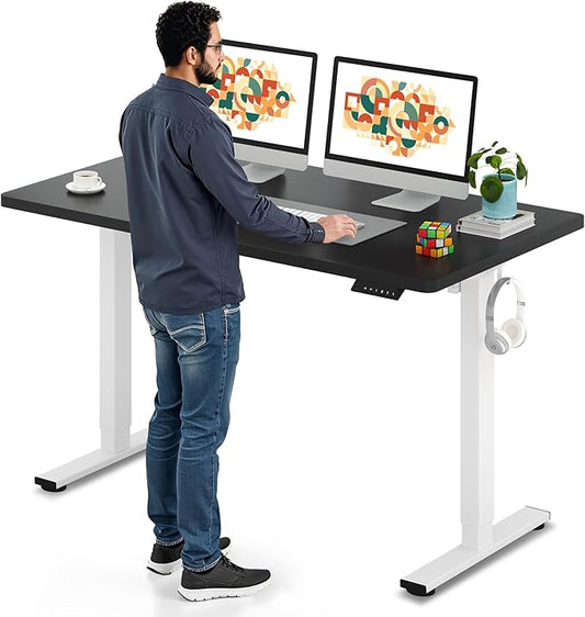 SANODESK Electric Standing Desk 55 x 28 Inches Whole-Piece Desktop Height Adjustable Stand Up Desk w/6-Button Controller Ergonomic Computer Desk for Home Office, White Frame + Black Tabletop
