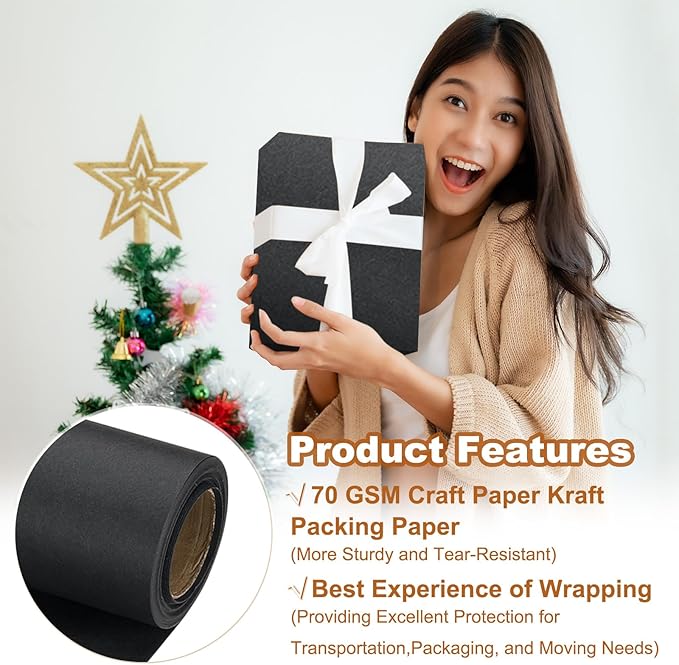PATIKIL Wrapping Paper, 17" x 300"(25') 70 GSM Craft Paper Roll Kraft Packing Paper for Poster Bulletin Board, Gift Wrapping, Black