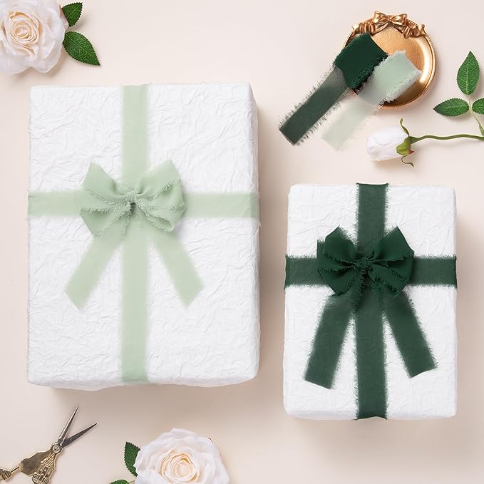 DORIS HOME Green and Cream Chiffon Ribbon for Flower Bouquet, 1" x21Yd Fabric Ribbon for Gift Wrapping, Handmade Frayed Ribbon for Wedding Invitations/Christmas Decorations