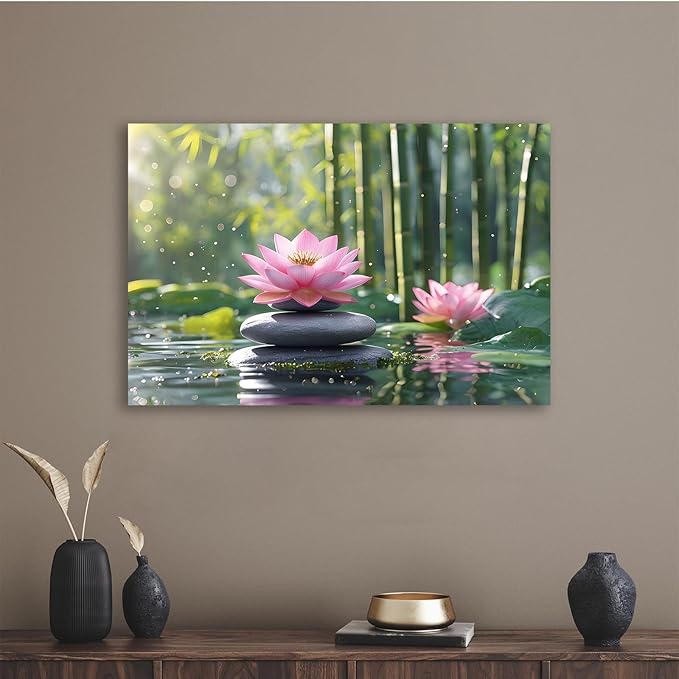 Ethereal pink lotus on obsidian Sunlit bamboo forest with sparkling water drops Poetic nature inspired wall art for tranquil homes and mindful spaces 12x18in Wood Framed