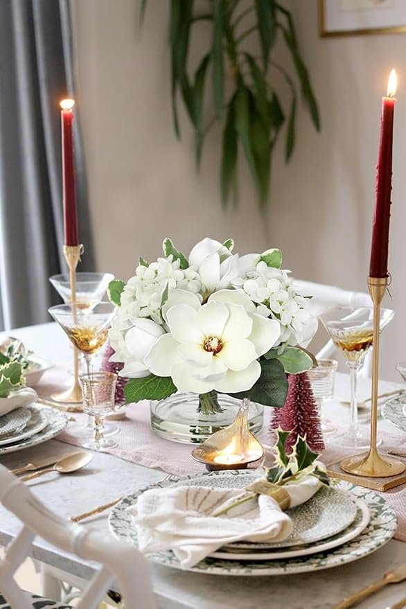 Briful Artificial Magnolia and Hydrangea Flower Arrangement in Glass Vase 9.4" Realistic White Silk Fake Flower with Faux Water Fake Floral Centerpieces for Home Room Office Table Shelf Décor