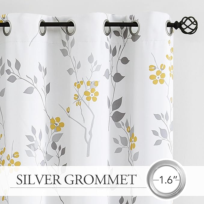 Beauoop Floral 100% Blackout Curtains 54 Inch Length 2 Panels for Bedroom Living Room Yellow Grey and White Flower Patterned Room Darkening Thermal Soundproof Grommet Window Treatments Drapes, 52X54