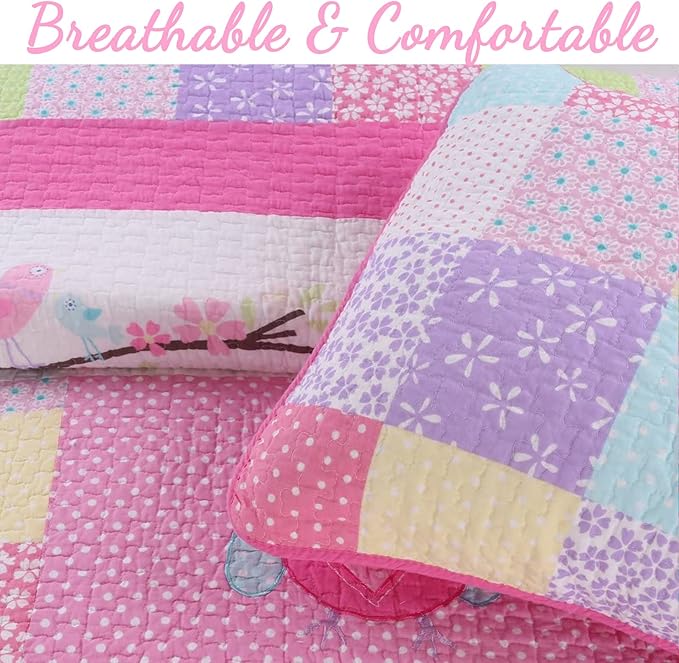 Cozy Line Home Fashions Cute Owl Pink Blue Green Embroidery 100% Cotton Reversible Girl Bedding Quilt Set, Coverlet, Bedspreads (Pink Owl, Queen - 3 Piece)