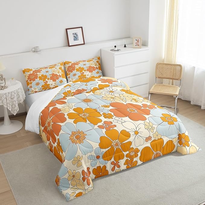 Retro 70s 60s Floral Hippie Bedding Set King Size,Summer Groovy Flowers Comforter Set Room Decor for Couple,Boho Plant Microfiber Down Comforter,2 Pillowcases