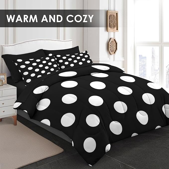 Comforter Set Twin Size, Polka Dot 5 Pcs Bedding for Kids and Adults, Black and White Bed Sheet Sets with Fitted Sheet Pillowcase & Sham for Bedroom Bed Decor