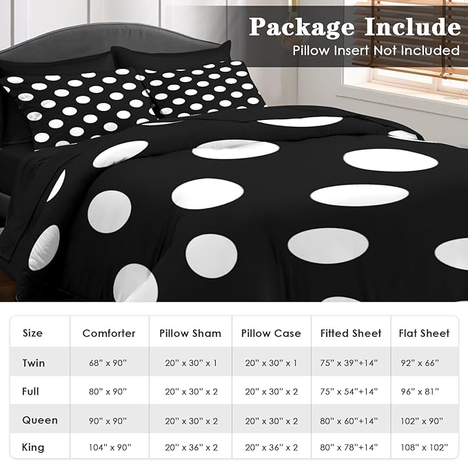 Comforter Set Twin Size, Polka Dot 5 Pcs Bedding for Kids and Adults, Black and White Bed Sheet Sets with Fitted Sheet Pillowcase & Sham for Bedroom Bed Decor