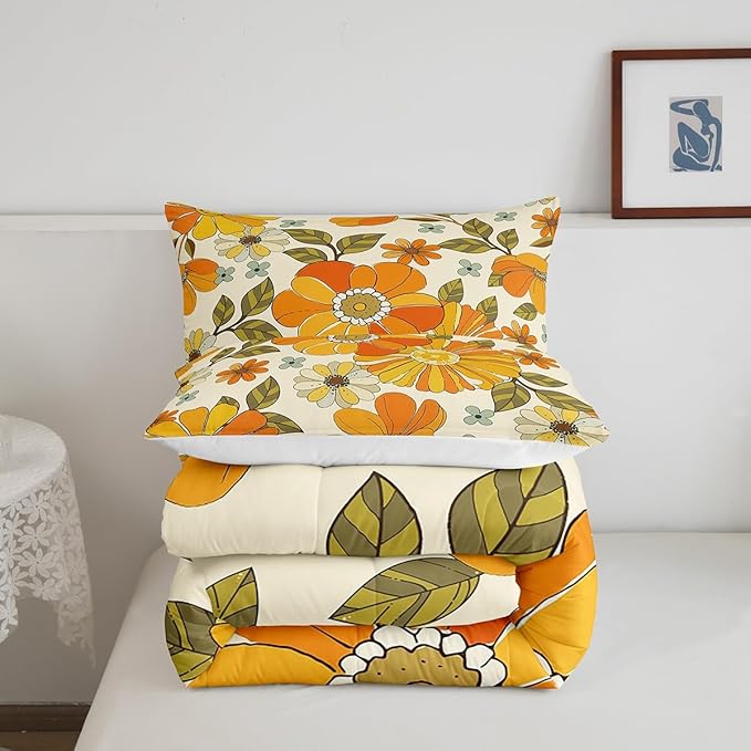 Castle Fairy Kids Retro Flowers Bedding Comforters Queen Size,Watercolor Yellow Floral Green Leaves Plant Comforter Set with 2 Pillowcases,70s Trippy Daisy 3pcs Children Adult Duvet Set,Soft