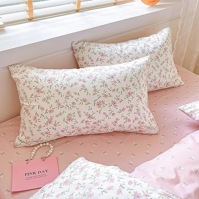 EAVD Vintage Style Garden Pink Floral Duvet Cover King White Soft 100% Cotton Cute Floral Bedding Set with 2 Pillowcases Chic Shabby Floral Botanical Duvet Cover with Zipper Closure